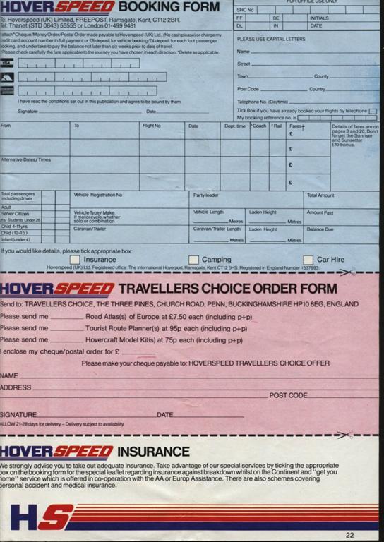 The Hoverspeed 1982 brochure, including timetables - Booking form (credit: Steven Charlesworth).